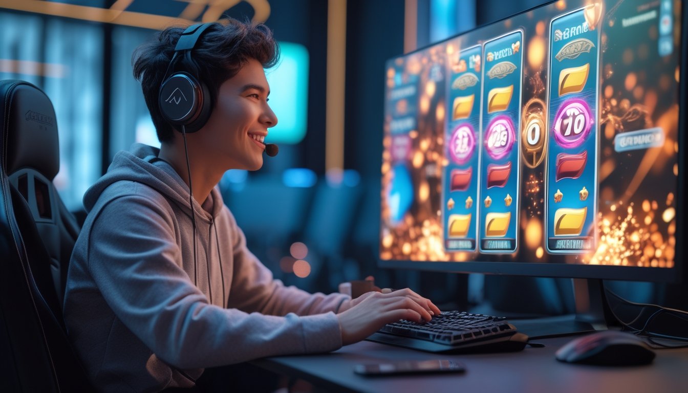 Seorang gamer muda tersenyum saat bermain slot digital di ruang gaming modern dengan pencahayaan neon.