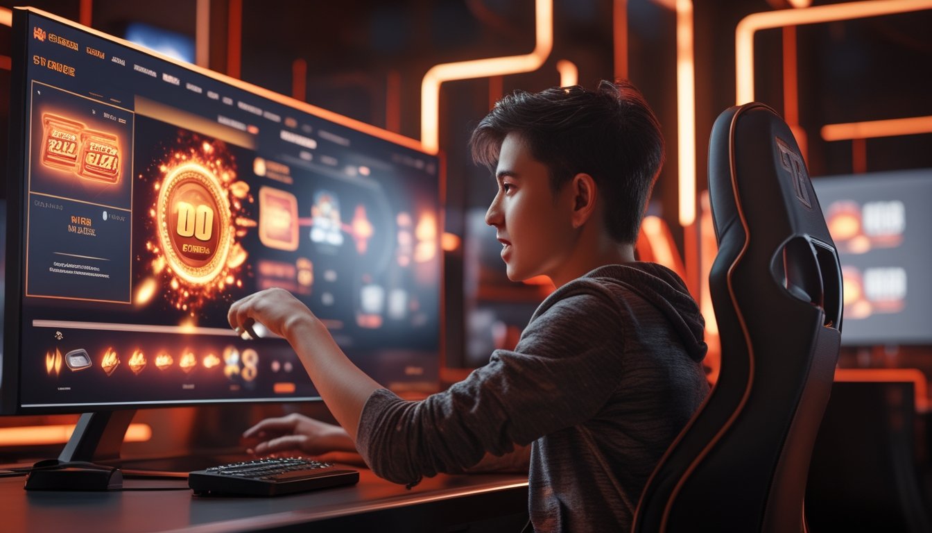 Seorang gamer dewasa menikmati permainan slot bercahaya di depan komputer dengan nuansa merah dan emas.