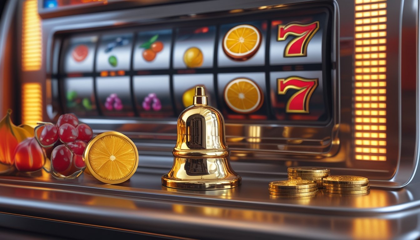 Mesin slot dengan simbol buah klasik, lonceng emas, dan koin di lingkungan kasino yang bercahaya hangat.