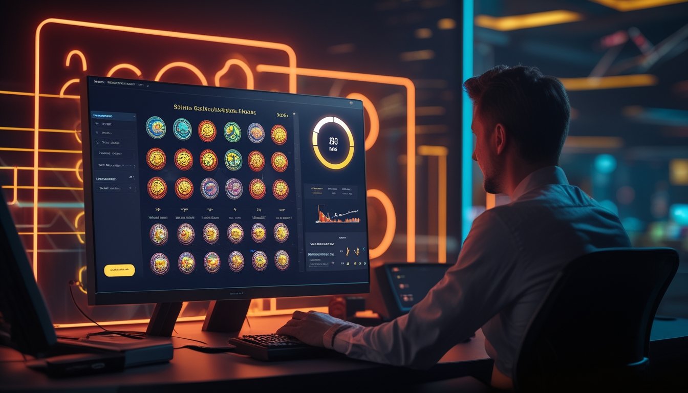 Seseorang memeriksa dasbor analitik permainan slot di komputer.