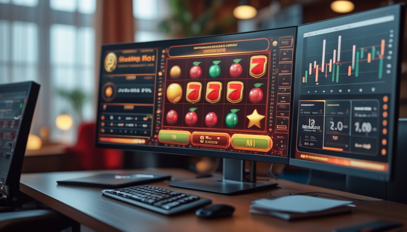 Meja kerja dengan layar permainan slot bertema buah dan grafik analisis RTP serta volatilitas.