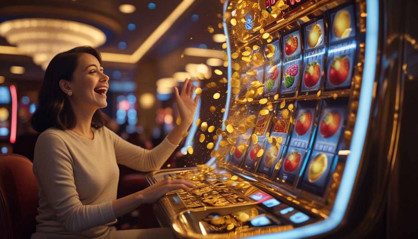 Seorang pemain merayakan kemenangan besar di depan mesin slot bertema buah di kasino.