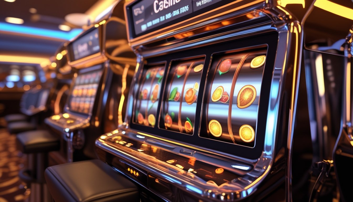 Mesin permainan slot modern dengan simbol buah berwarna cerah di lingkungan kasino yang elegan.