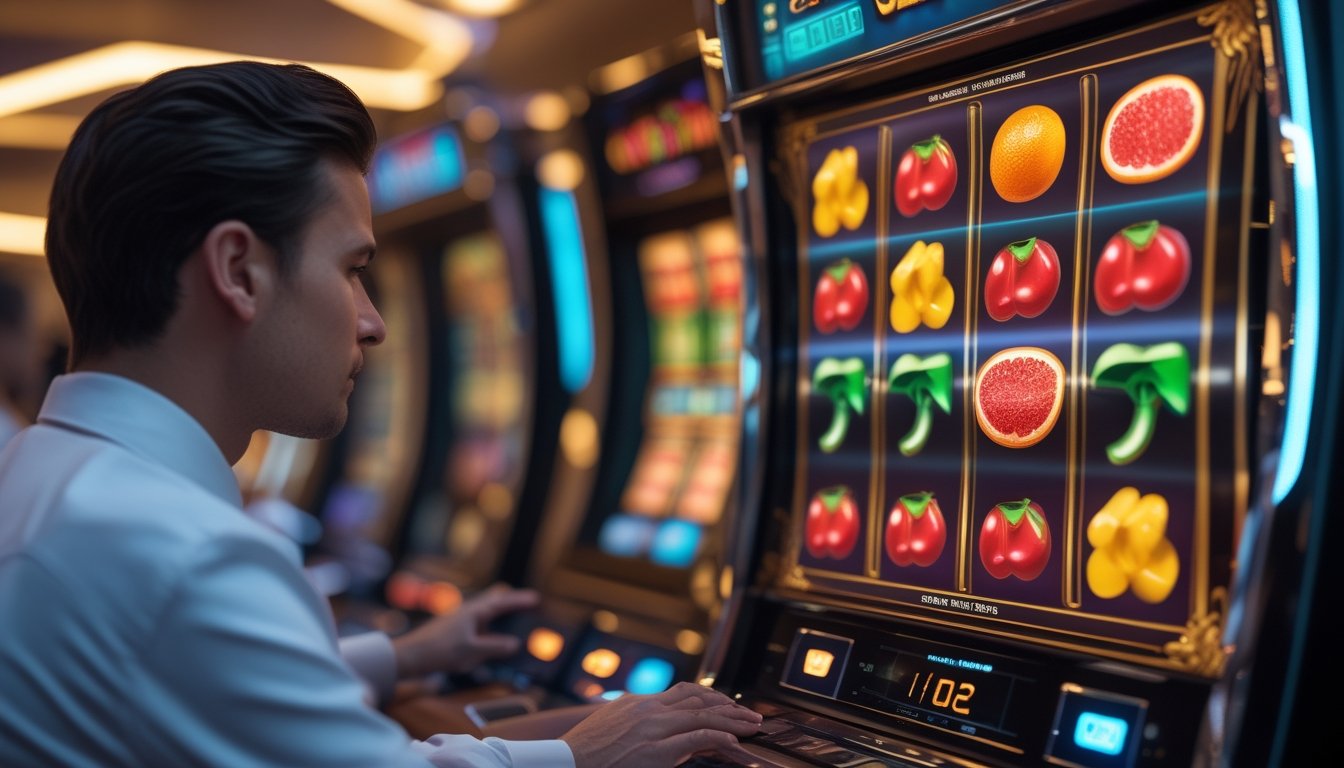 Seorang pemain menggunakan mesin permainan slot bertema buah di lingkungan kasino modern.