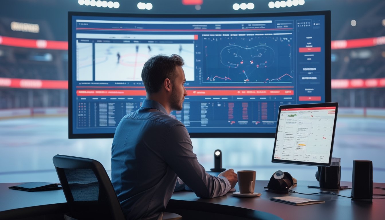 Seorang analis mempelajari data pertandingan hoki di ruang kerja modern dengan arena hoki terlihat di layar.
