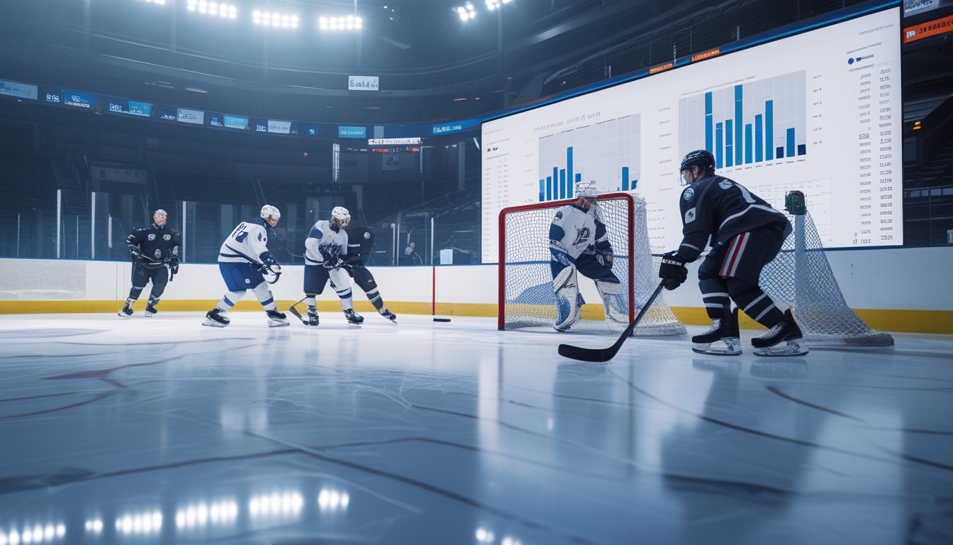 Pertandingan hoki es profesional berlangsung di arena modern dengan tampilan analisis pertandingan yang samar di latar belakang.