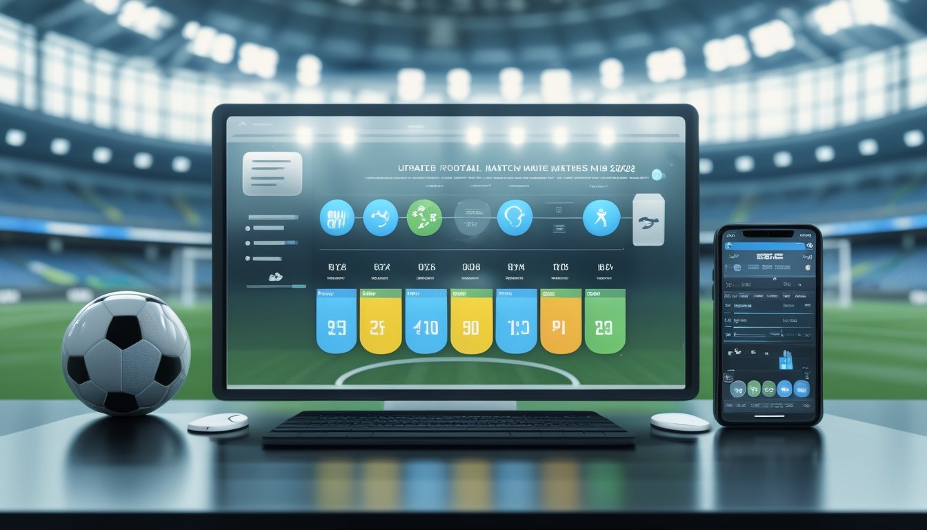 Meja analisis olahraga dengan bola sepak dan perangkat digital yang menampilkan jadwal pertandingan secara abstrak.