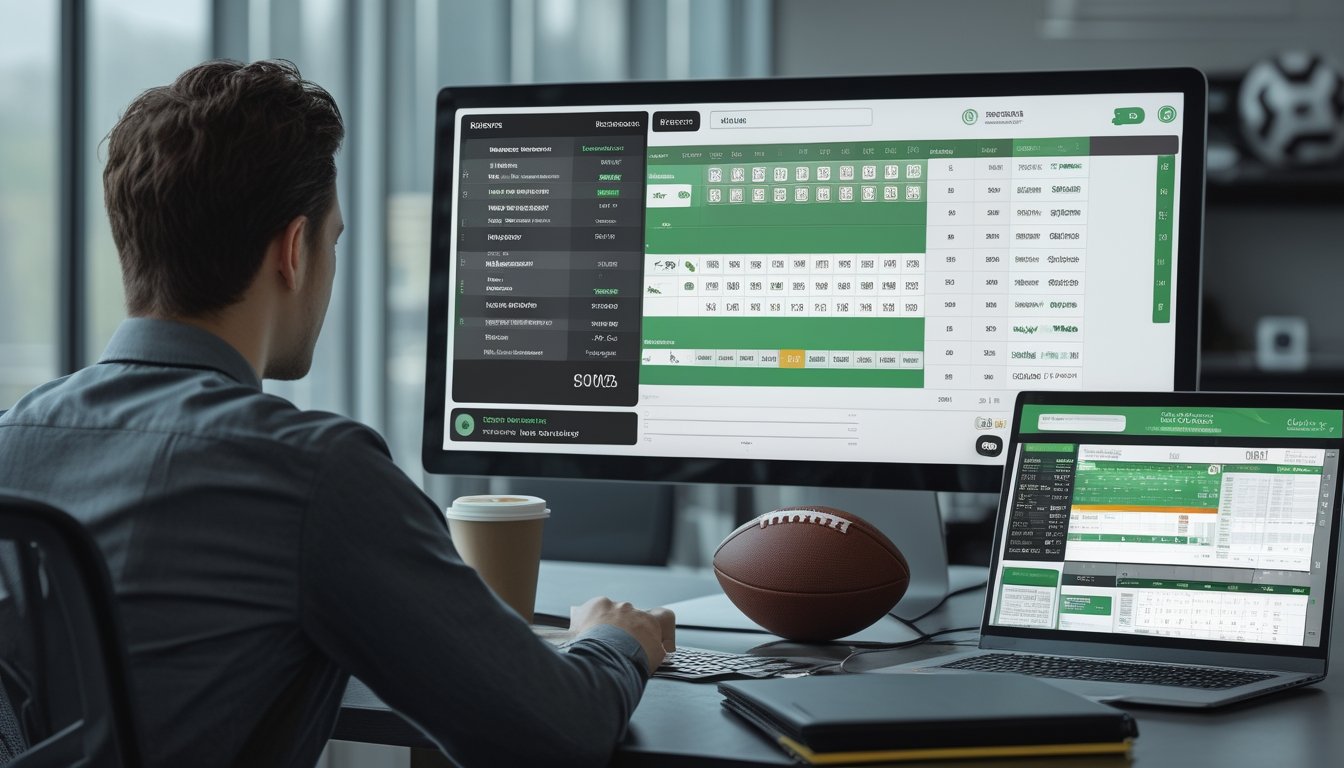 Seseorang memeriksa jadwal dan status pertandingan sepak bola melalui laptop dan ponsel di meja kerja.