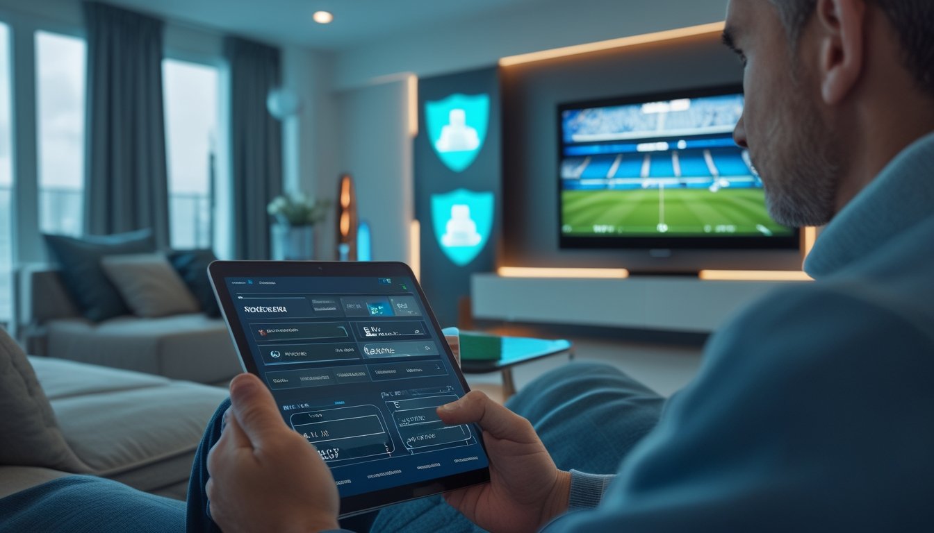 Penggemar olahraga membandingkan pilihan platform analisis pertandingan menggunakan tablet di ruang modern.