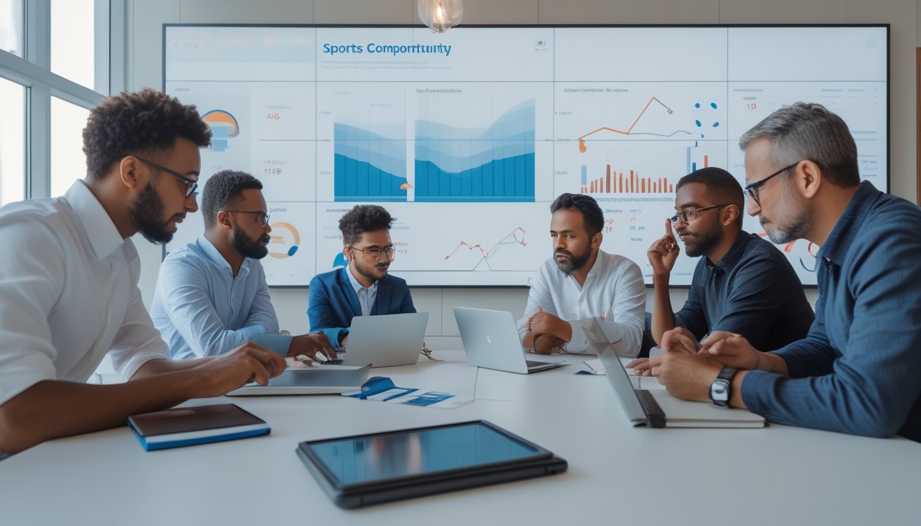 Sekelompok analis dewasa mempelajari grafik data olahraga di ruang kerja modern.