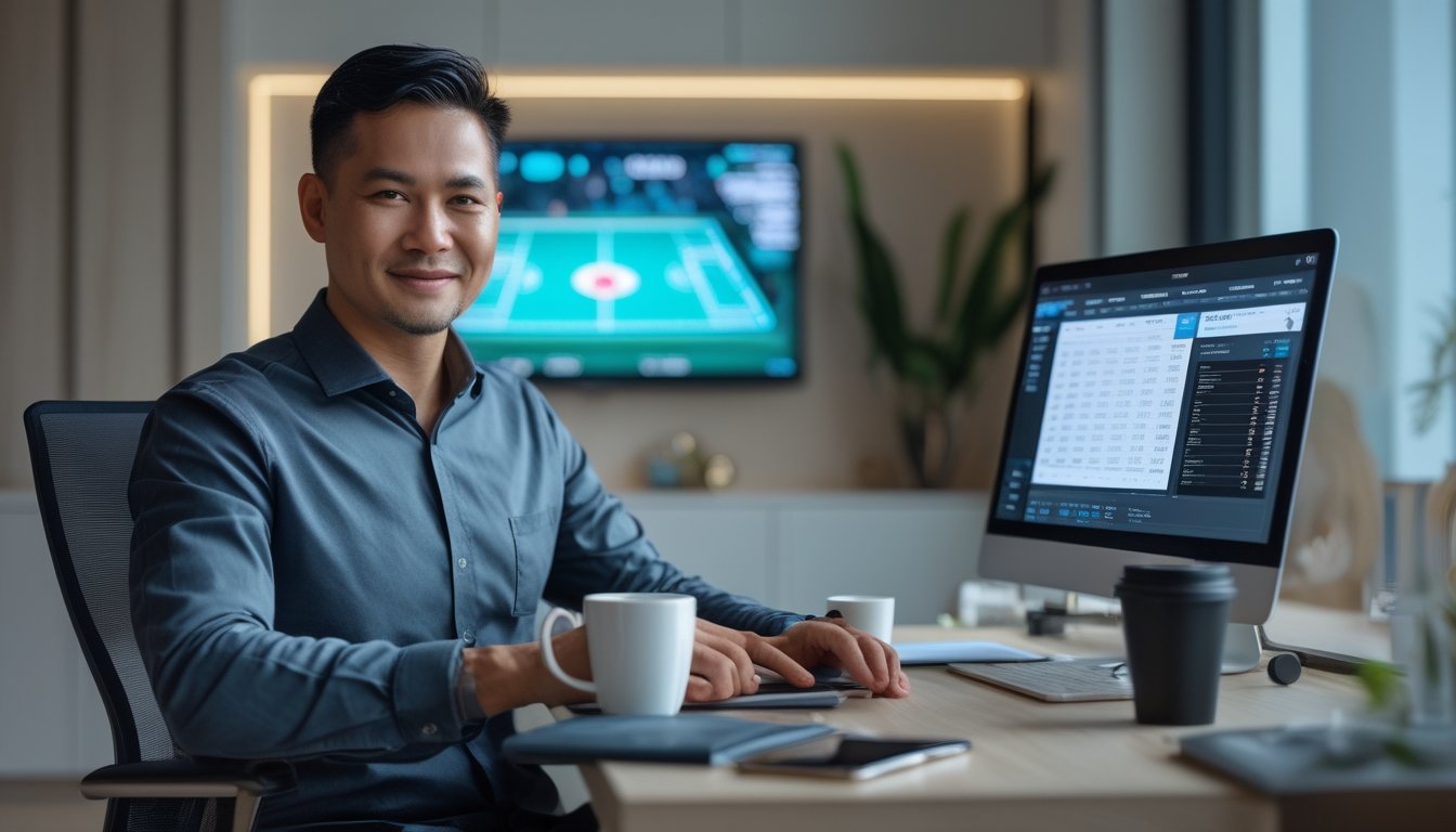 Orang dewasa tersenyum sambil melihat hasil olahraga di laptop dalam ruang kerja modern.