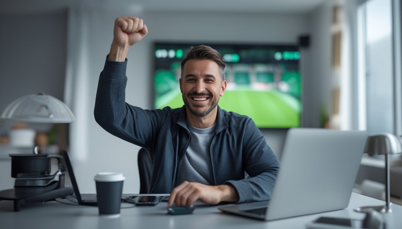 Seorang penggemar olahraga dewasa merayakan keberhasilan taruhan parlay di depan laptop dan ponsel.