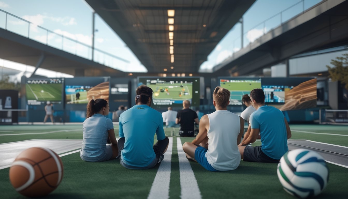 Sekelompok orang mengamati berbagai cabang olahraga seperti sepak bola, basket, tenis, dan balap di lingkungan modern.
