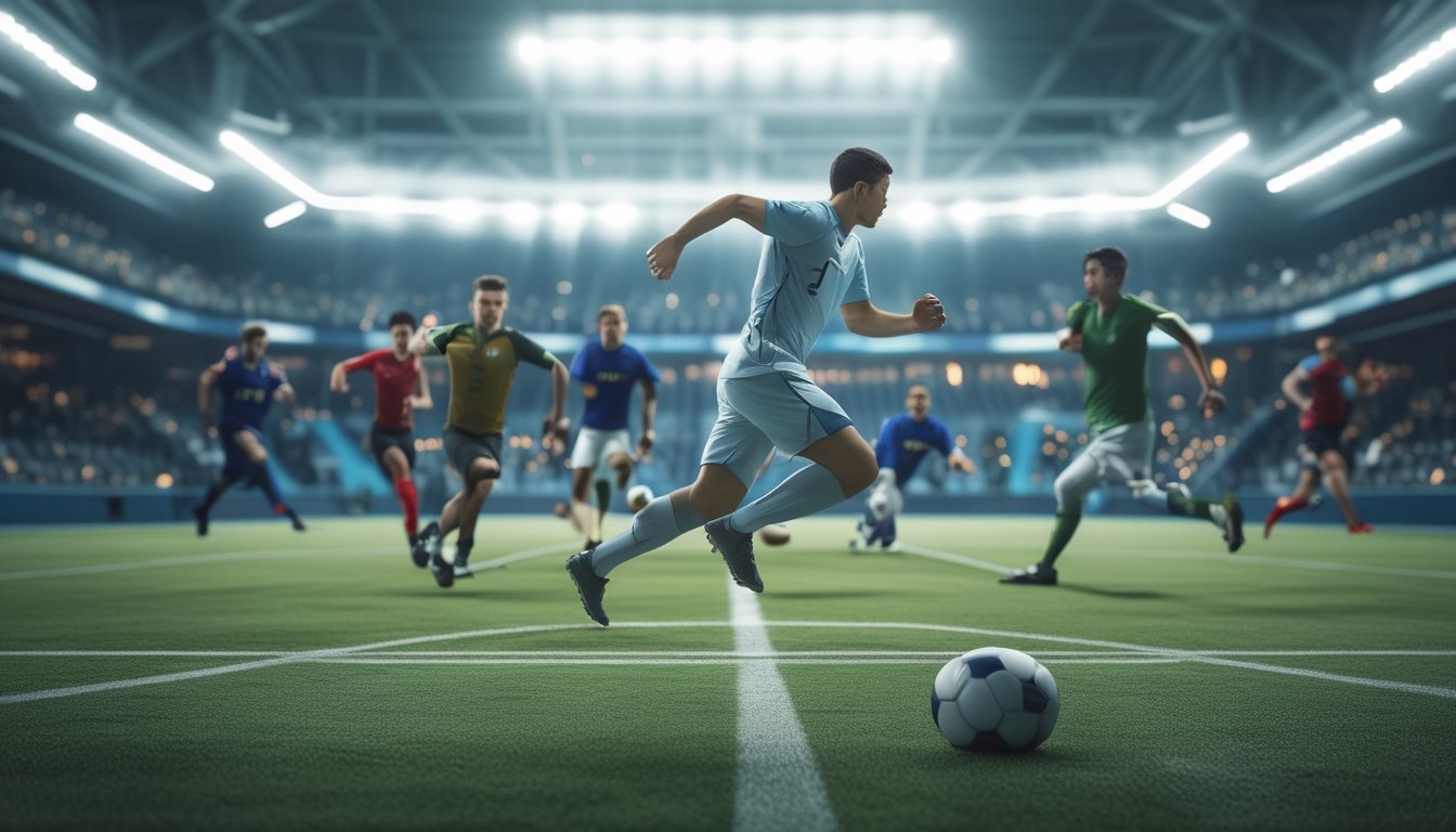 Kolase realistis berbagai olahraga populer dalam suasana stadion modern, dengan sepak bola sebagai fokus utama.