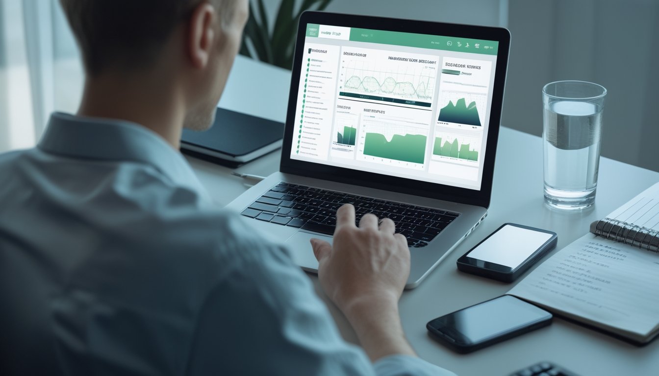 Seseorang menganalisis data olahraga dan mengatur anggaran di meja kerja modern.