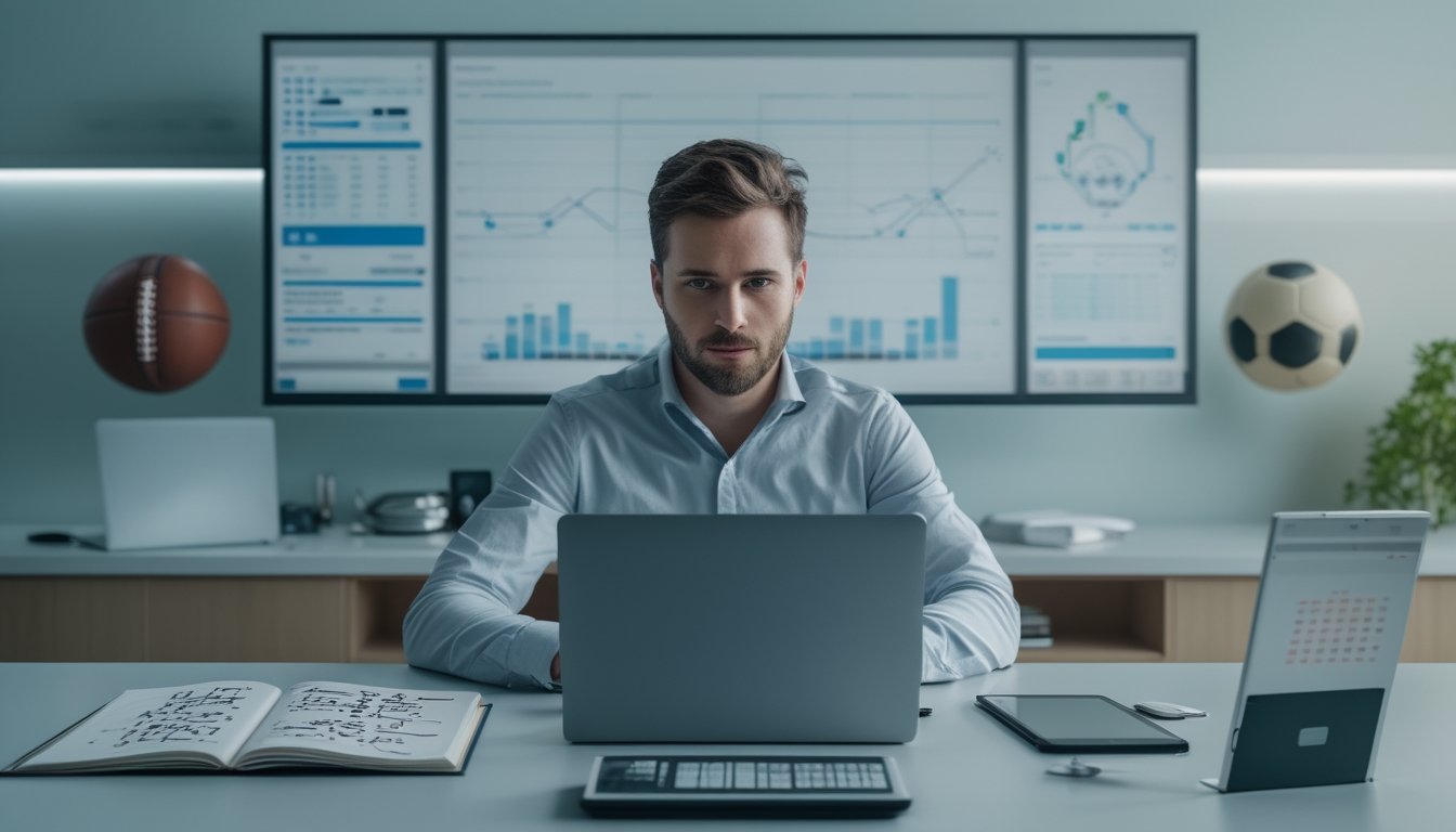 Seorang analis olahraga memeriksa data pertandingan di meja kerja modern dengan berbagai perlengkapan olahraga di latar belakang.