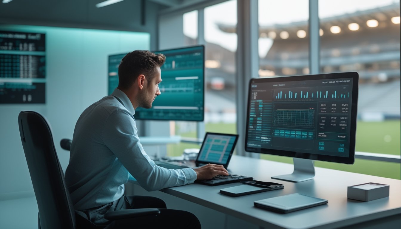 Analis olahraga meninjau statistik pertandingan sepak bola di meja kerja dengan laptop dan layar data.