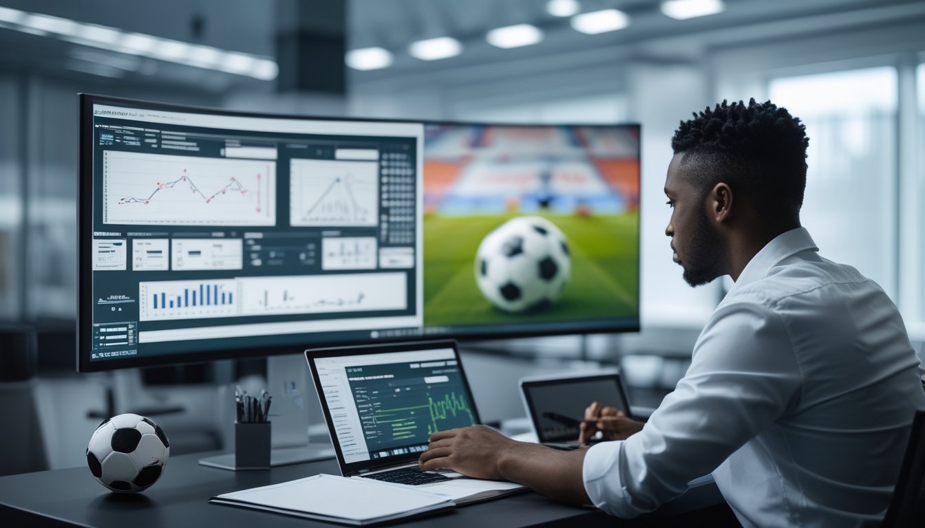 Seorang analis mempelajari statistik pertandingan sepak bola di ruang kerja modern.