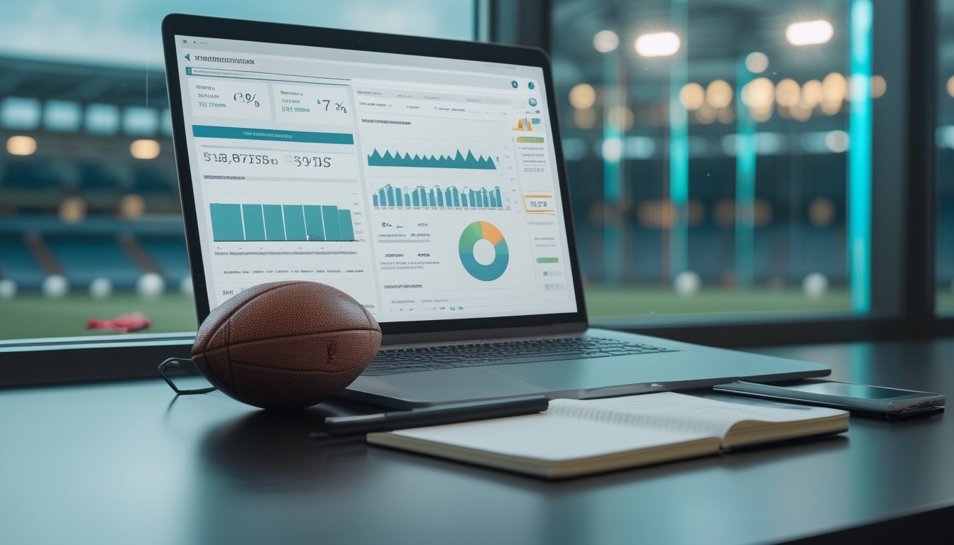 Meja kerja analis olahraga dengan laptop yang menampilkan grafik statistik pertandingan sepak bola, bola, dan buku catatan kosong.