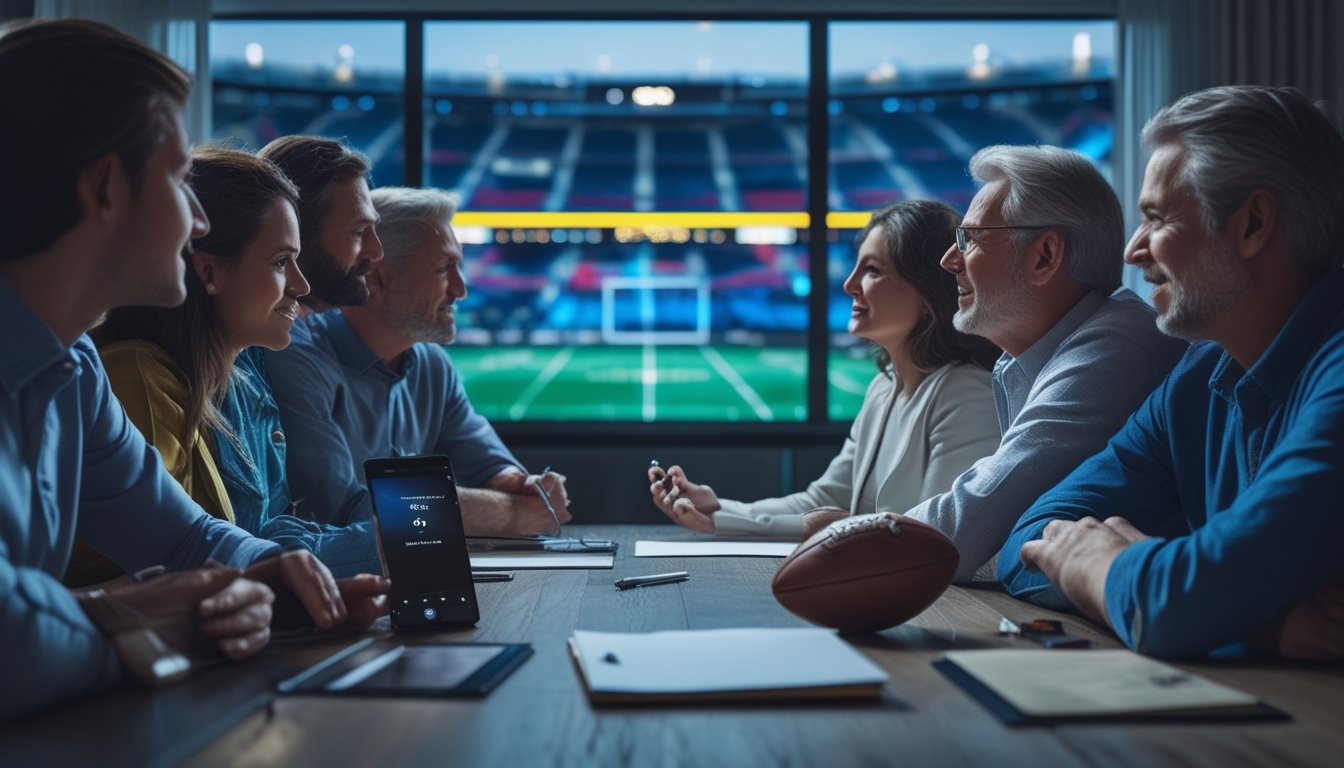 Sekelompok orang dewasa menyaksikan pertandingan sepak bola malam sambil menganalisis statistik.