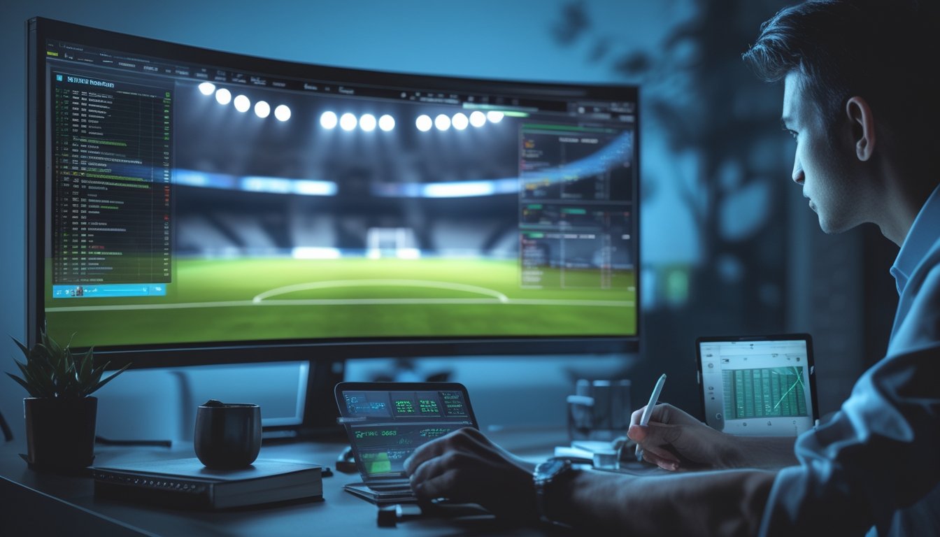 Seseorang menganalisis pertandingan sepak bola malam hari di meja kerja dengan layar stadion dan perlengkapan catatan.