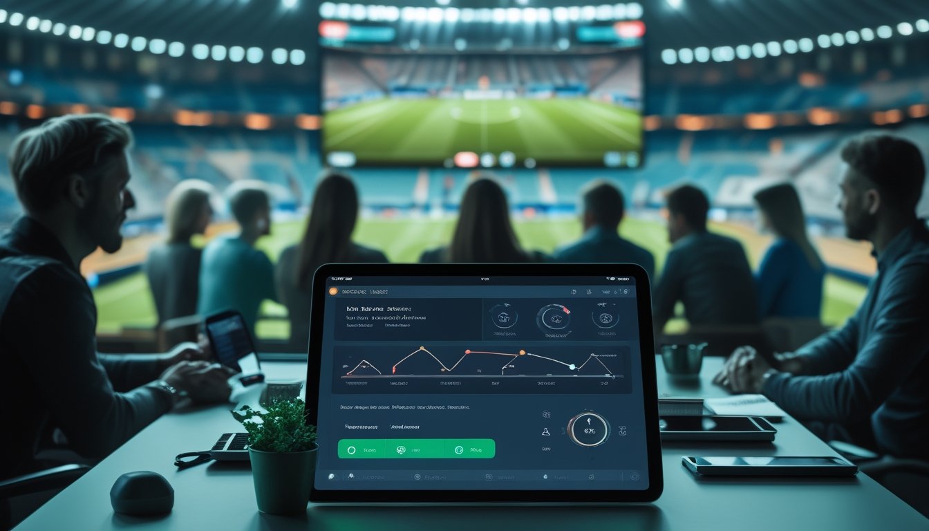 Penggemar sepak bola memantau pertandingan langsung dan analitik digital melalui perangkat seluler.