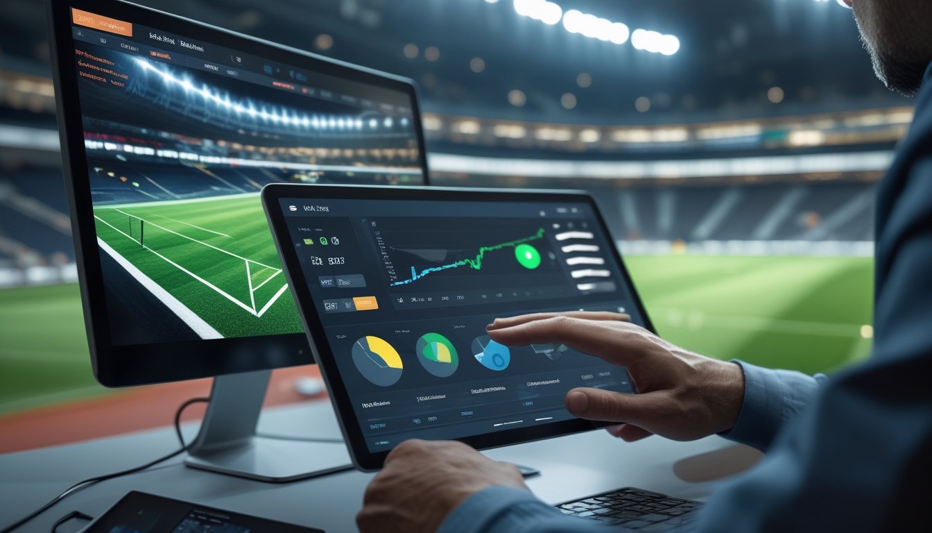 Seseorang menggunakan tablet untuk melihat analisis pertandingan sepak bola secara langsung di ruang kerja modern.