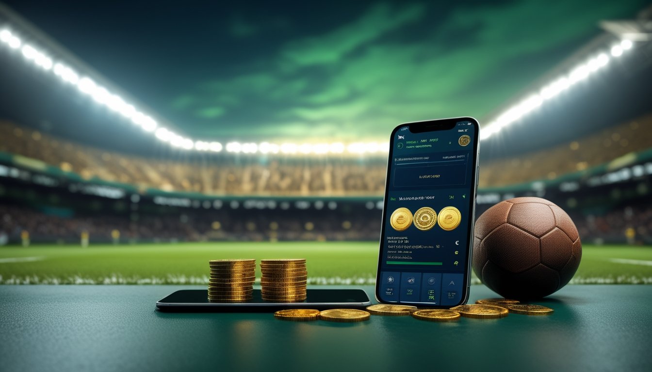 Bola sepak, telefon pintar, dan syiling emas di hadapan stadium bola sepak yang bercahaya.