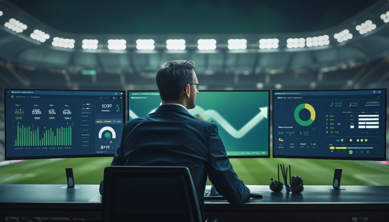 Analis olahraga meninjau statistik pertandingan sepak bola di ruang kerja modern dengan latar stadion.