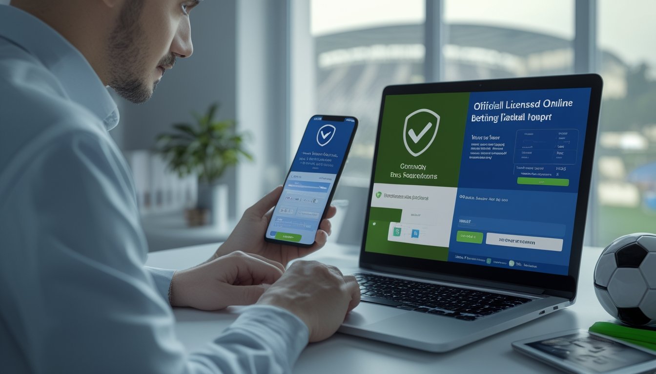 Penggemar sepak bola membandingkan platform olahraga digital dengan simbol perisai verifikasi di ruang kerja modern.