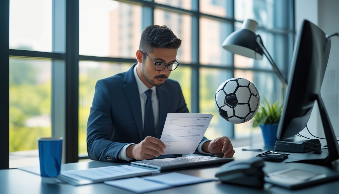 Seorang konsultan memeriksa dokumen lisensi dan simbol keamanan di kantor modern dengan elemen sepak bola.