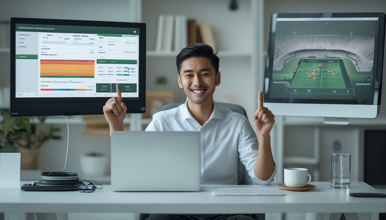 Seorang anggota platform prediksi sepak bola tersenyum di meja kerja sambil melihat statistik pertandingan di laptop.