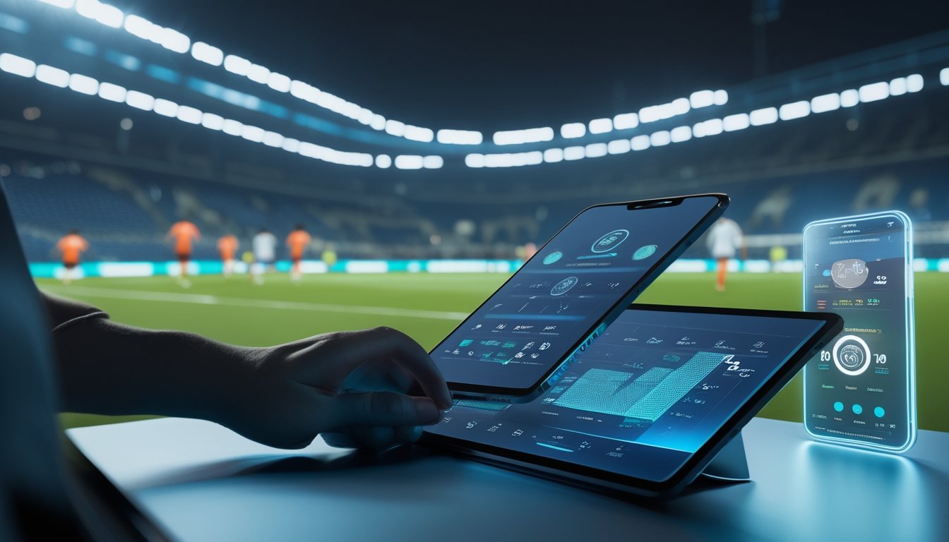 Seseorang menggunakan perangkat digital untuk melihat analisis pertandingan sepak bola di ruang modern.