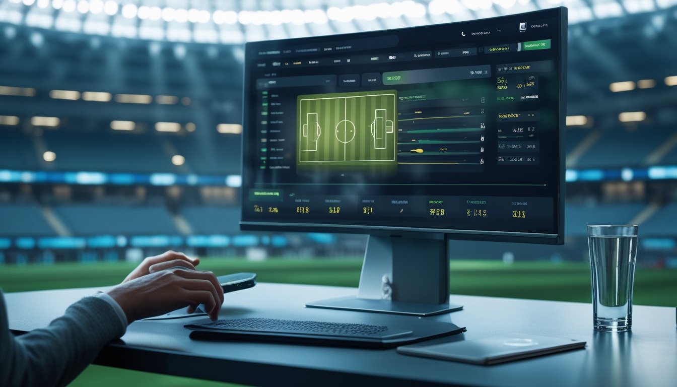 Perangkat digital menampilkan analisis pertandingan sepak bola di ruang kerja modern dengan latar stadion bercahaya.