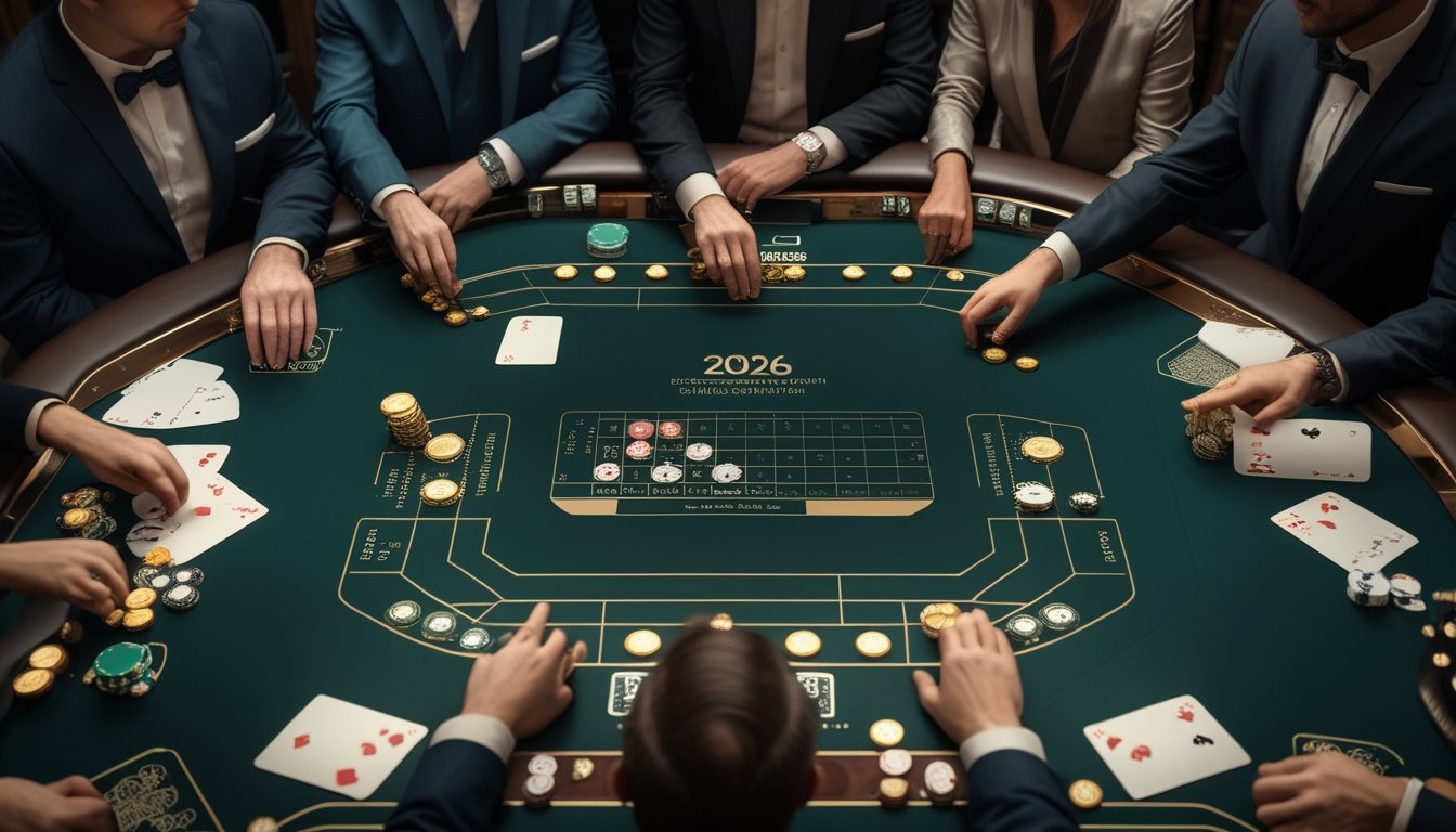 Meja baccarat mewah dengan kartu, tumpukan chip, dealer, dan pemain yang sedang menyusun taruhan secara strategis.