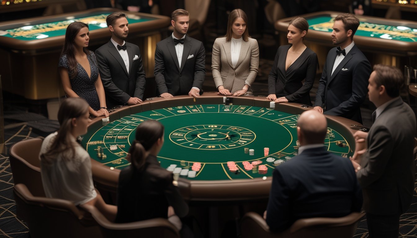 Meja baccarat mewah dengan kartu, chip kasino, dealer, dan pemain yang mengamati permainan dengan fokus.