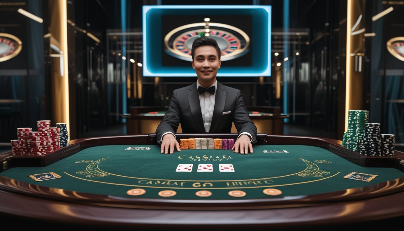 Dealer menyajikan permainan baccarat di meja kasino hijau dengan kartu dan keping taruhan.
