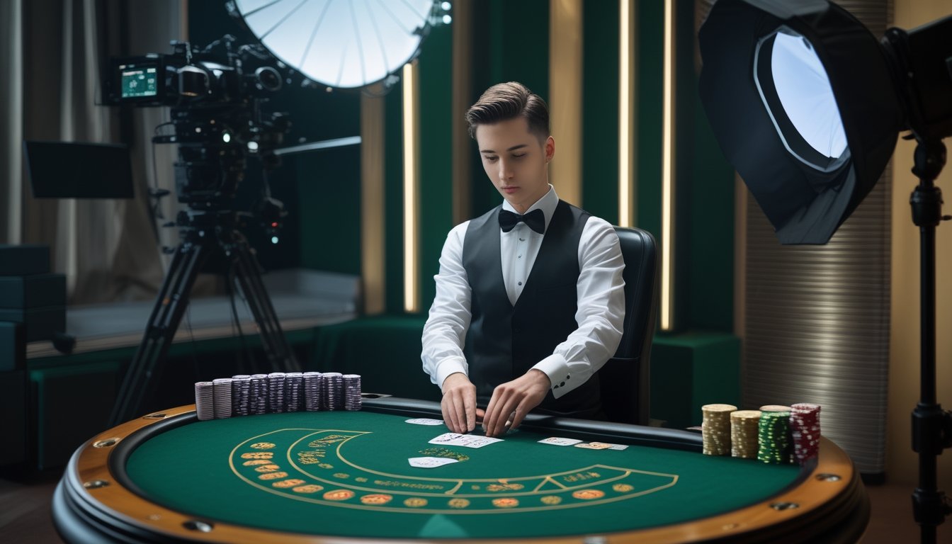 Croupier membagikan kartu di meja baccarat dalam studio kasino live.