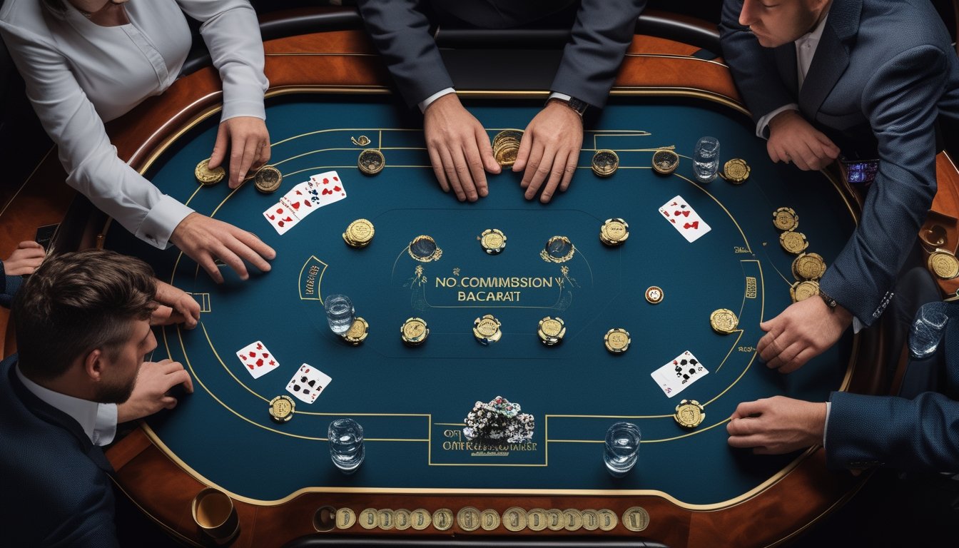 Meja baccarat modern dengan kartu, keping kasino, dealer, dan pemain yang sedang mempertimbangkan permainan.