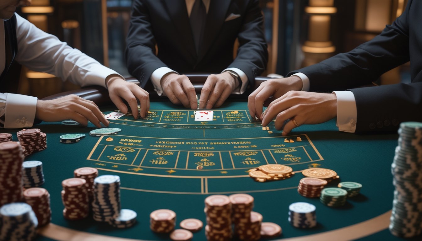 Meja baccarat dengan kartu, keping taruhan, dan pemain yang sedang mempertimbangkan pilihan.