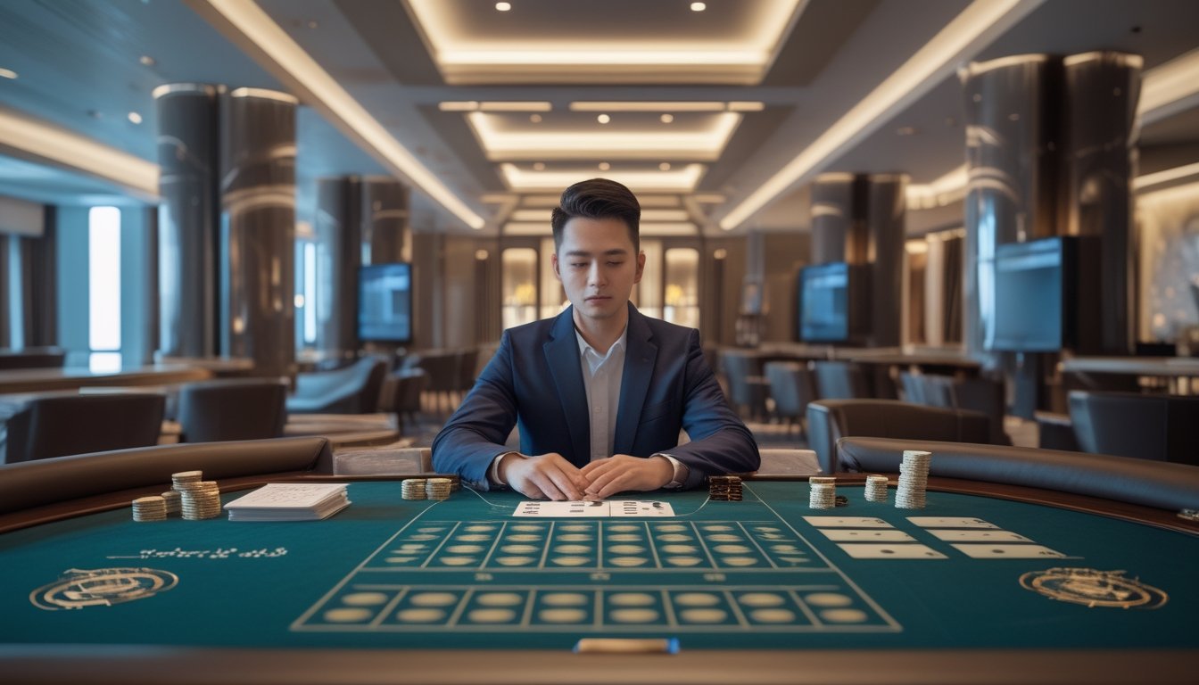Seorang pemain mengamati meja baccarat dengan kartu, keping taruhan, buku catatan, dan kalkulator.