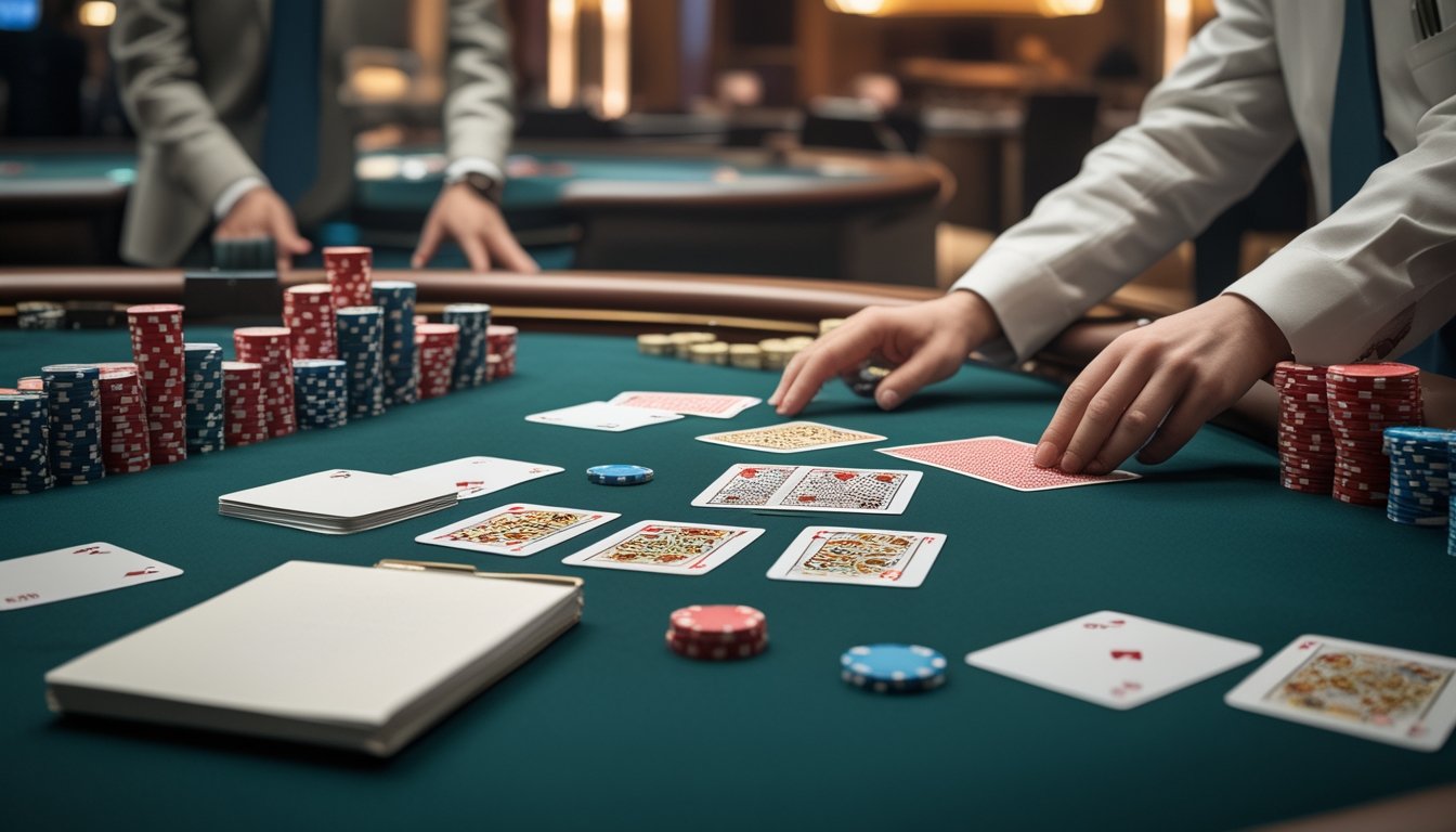 Meja baccarat dengan kartu, tumpukan chip, dan tangan dealer yang menata perlengkapan permainan.