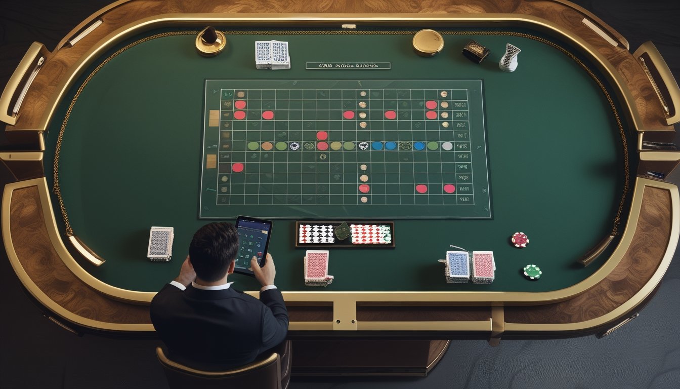 Seorang analis mempelajari pola papan skor di meja baccarat modern dengan kartu dan keping permainan.