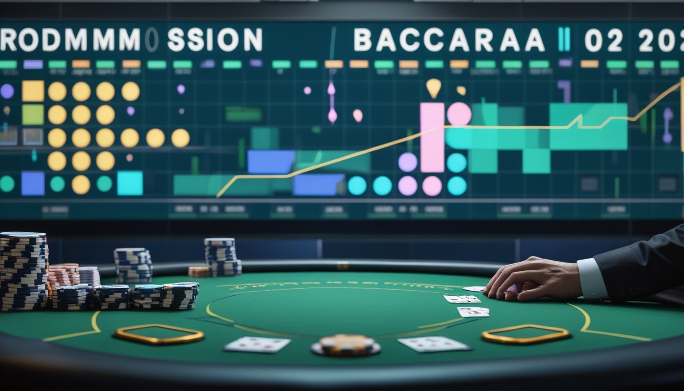 Papan skor digital abstrak terlihat di belakang meja baccarat dengan kartu dan keping kasino.
