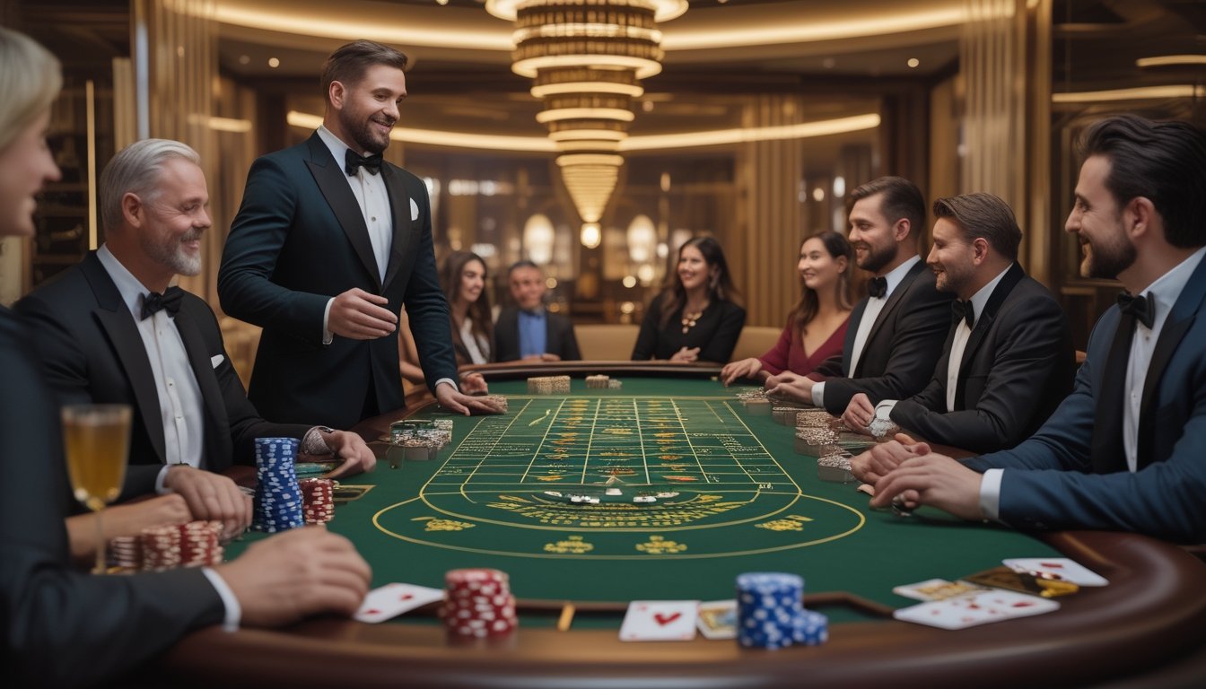 Dealer dan beberapa pemain dewasa menikmati permainan baccarat di meja kasino mewah.