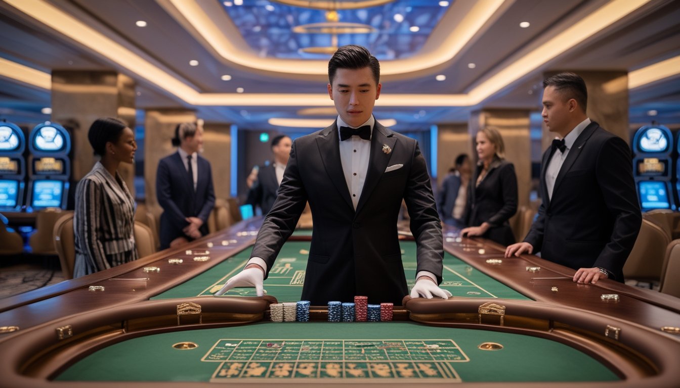 Dealer menyajikan permainan baccarat di meja kasino mewah dengan kartu dan keping taruhan.