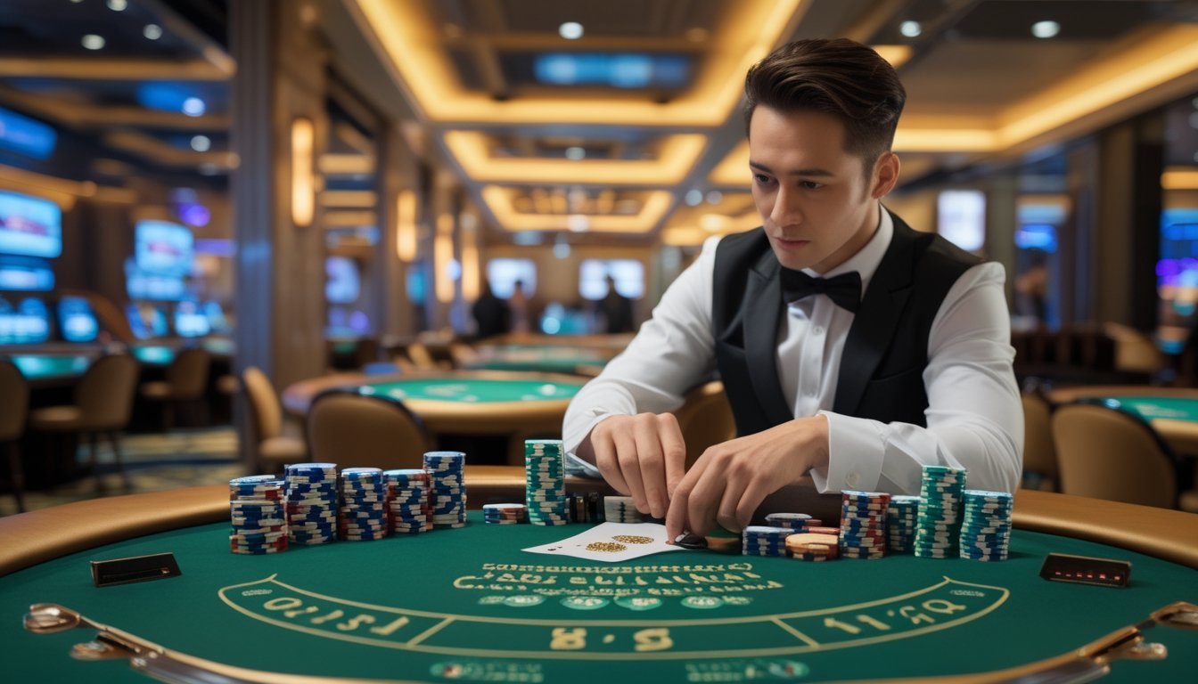 Seorang dealer meninjau meja baccarat dengan kartu dan tumpukan chip di kasino modern.