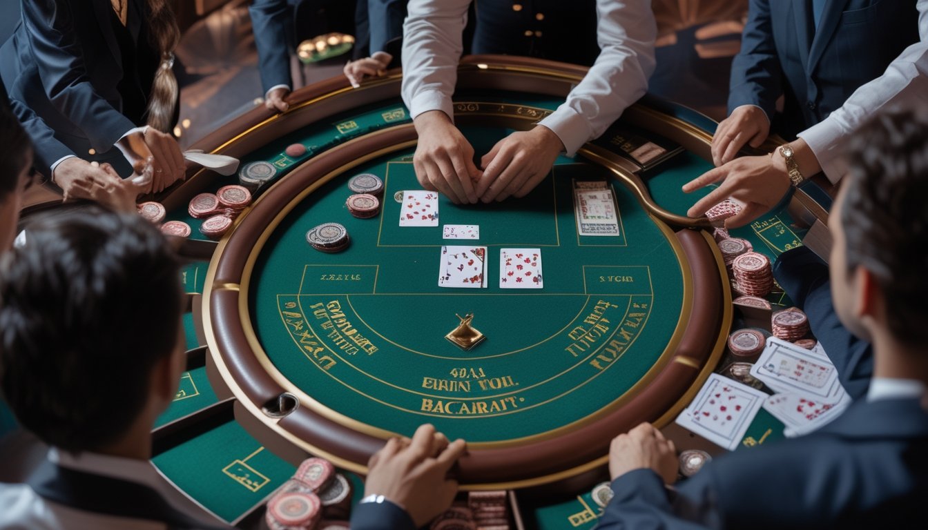 Meja baccarat elegan dengan kartu, keping kasino, dan dealer profesional di dalam kasino.