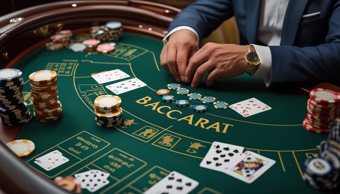 Meja baccarat dengan kartu, keping kasino, dan tangan pemain yang berhati-hati di dekat area taruhan.