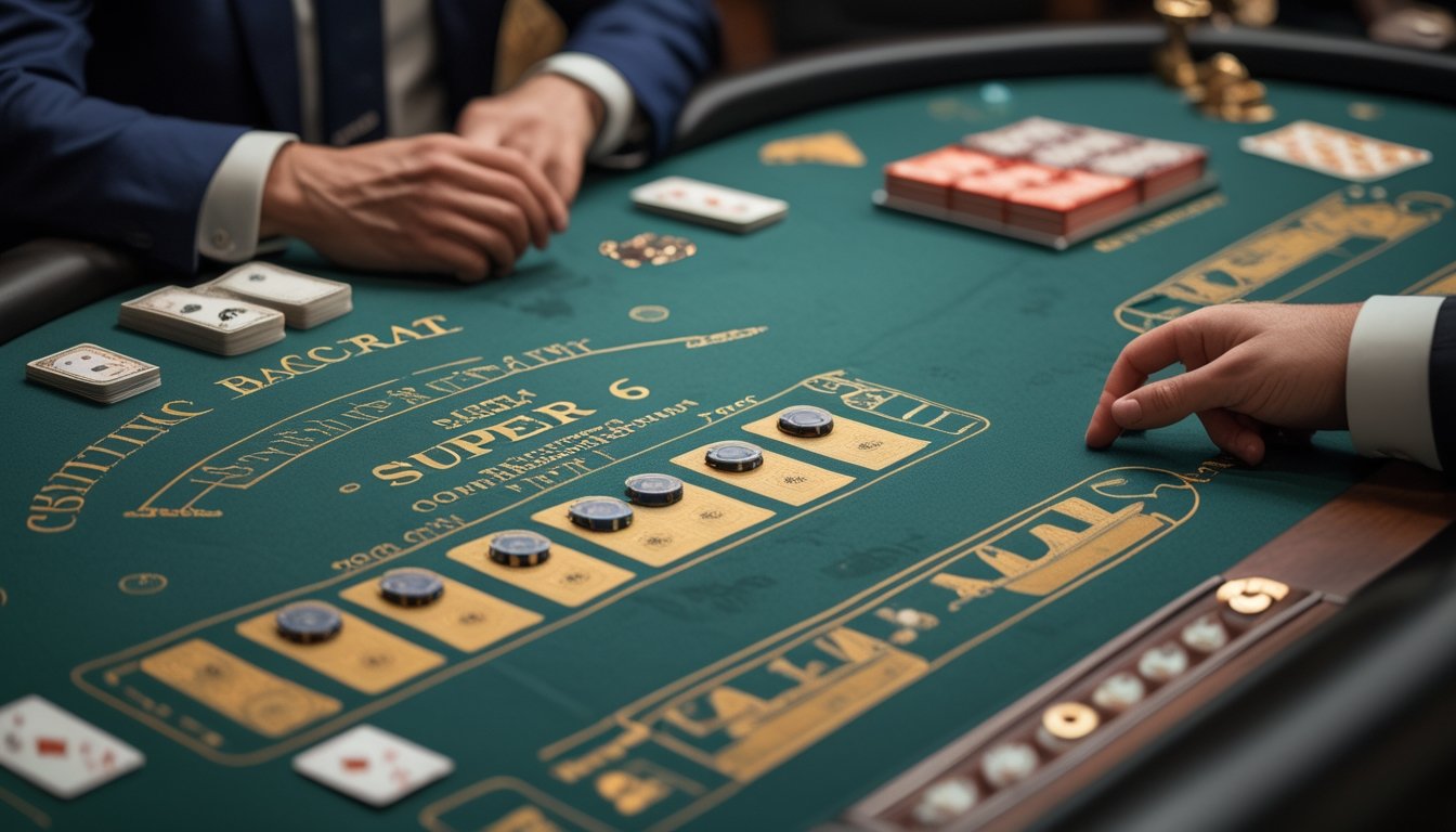 Pemain mempelajari tata letak meja baccarat dengan hati-hati sambil mengatur chip taruhan.